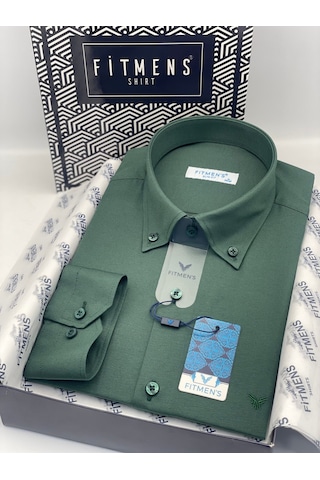 Slim Fit Uzun Kol Pamuklu Hediye Kutulu Kolay Ütülenebilir Erkek Gömlek Fs-002225 - Koyu Yeşil-2811