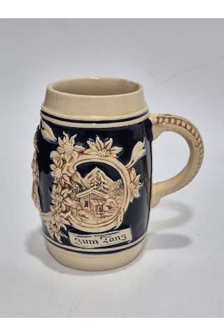 Vintage Tankart Dağ Evi Ve Çiçek Temalı Alman Seramik Bira Bardağı 11,8cm 006
