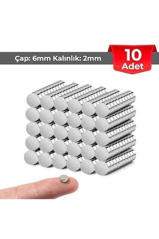 10 Adet Neodyum Mıknatıs Çap: 6mm Kalınlık: 2mm D6x2 Ndfeb Güçlü Mıknatıs Yuvarlak N131
