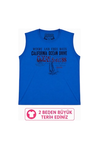 Büyük Beden Kolsuz Yuvarlak Yaka Baskılı Erkek Tishirt Atlet Mavi