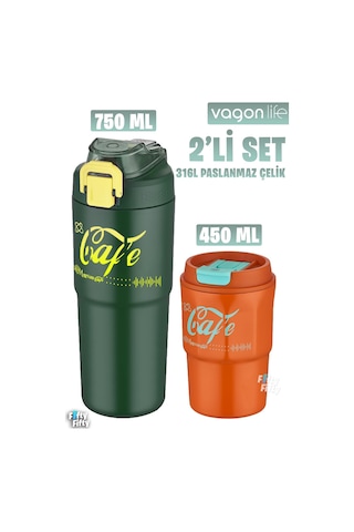 Vagonlife 2'li Çelik Termos-kahve Bardağı Seti 750ml Çift Kullanım Termos//450ml Mug Kahve Bardağı Yeşil - Turuncu