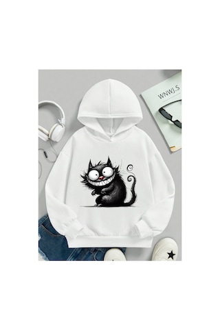 Stil X Sevimli Kediler Baskılı Kapüşonlu Çocuk Sweatshırt Beyaz-5