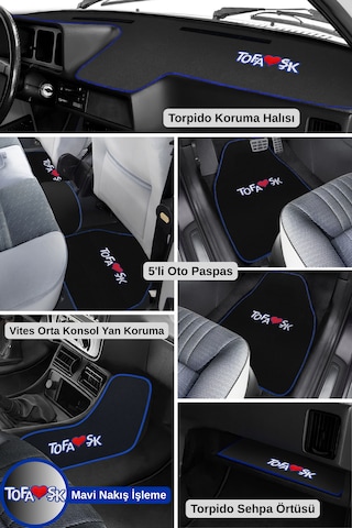 Tofaş Şahin Doğan Kartal 5 Parça Oto Halı Paspas + Torpido & Konsol Koruma Seti Mavi Kenar Nakışlı