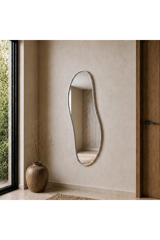 Modern Organik Form Banyo Aynası 40x120 Cm Asimetrik Minimalist Dekoratif Duvar Aynası Gümüş