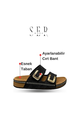 Sermoda Kadın Terlik - Cırtlı Bantlı Rahat Kalın Tabanlı Deri Etnik Desen Kadın Terlik Siyah