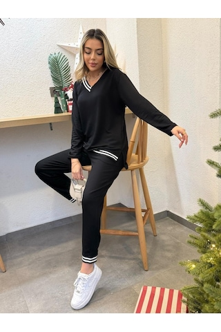 The İstanbul Kadın Yeni Sezon Uzun Kollu Ribana Detay Ikili Takım Siyah