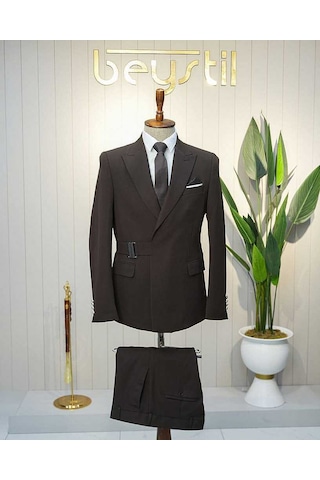 Bys Beystil Erkek Kahve Slimfit Beli Tokalı Takım Elbise