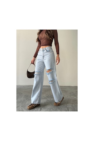 Blue Marlın Çift Diz Lazer Yırtık Boyfriend Bol Paça Jeans Taş