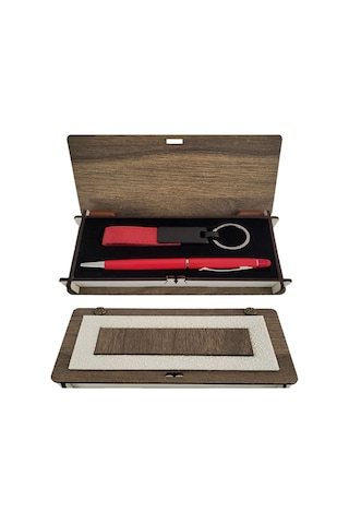 5 Adet Ahşap Kutulu Kırmızı Anahtarlık Ve Kalem Seti Kişiye Özel Hediye, Promosyon Pen Set, Keychain Wooden Box