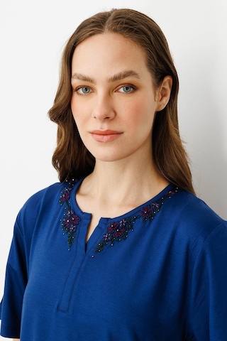 Desen Triko Kadın Açma Yaka Dantel Çiçek İşlemeli Penye T-shirt 24751 Indigo Indigo