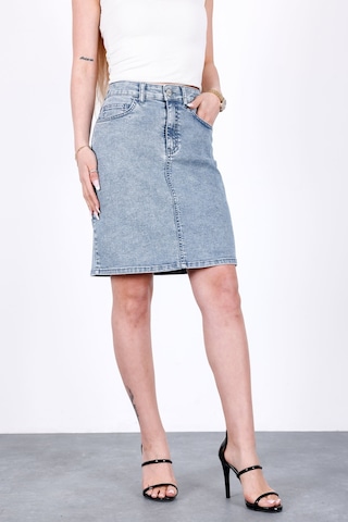 HLT Jeans Mavi Kar Kadın Regular Fit Likralı Yüksek Bel Orta Boy Denim Kot Etek Alice-4008