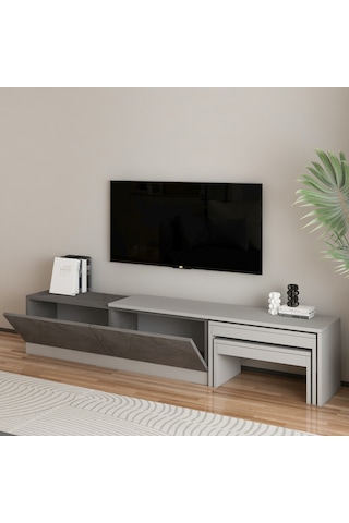Nest Tv Sehpası Modern Tasarım,2 Kapaklı Depolama Ve İkili Zigon Sehpa İle Fonksiyonel Mobilya Gri