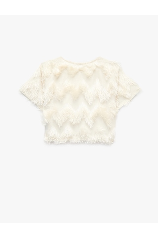 Koton Peluş Detaylı Bisiklet Yaka Kısa Kollu Crop Bluz Ekru 7wak10025uk