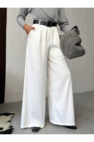 Ckm Moda Lune Yüksek Bel Bol Paça Saten Pantolon Krem