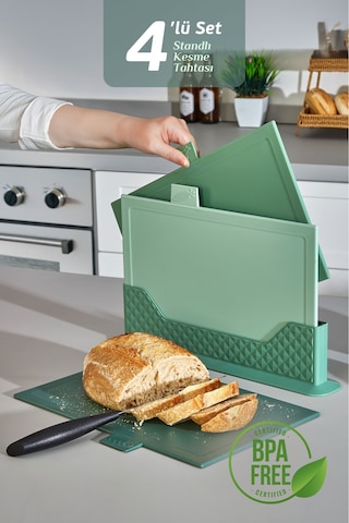 4'lü Tezgah Üstü Yatay Standlı Kesme Tahtası - Çoklu Doğrama Tahtası Ekmek Sebze Et Kesim Panosu Yeşil