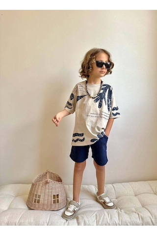 Miniko Kids Erkek Çocuk Kaktüs Desenli Müslin Şortlu Pamuk Takım Ekru