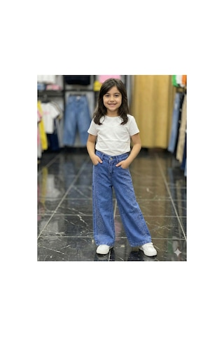 Erdem Kıds Kız Çocuk Jean Pantolon Palazzo Geniş Bol Paça Taş Detaylı Kot Pantolon Mavi Mavi