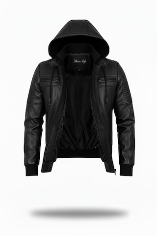 Erkek Siyah Dar Kesim Kapüşonlu Bel Lastikli Ribanalı Deri Ceket & Mont Siyah