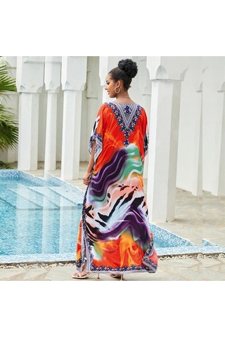 Edolynsa Kadınlar İçin Renkli Bohem Kaftan Elbise V Yakalı Mayo Örtüsü Büyük Beden Yarasa Kollu Plaj Giyim Uzun Tatil Bornozu Q841 Çok Renkli