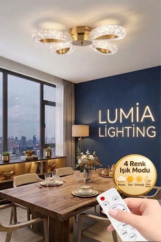 Lumia Lighting Damla Model 4"lü Gümüş Kumandalı 3 Renk Modu Ledli Modern Plafonyer Salon Mutfak Çocuk Yatak Odası Led Avize Gold