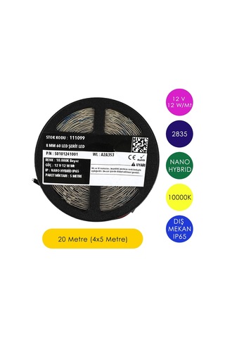 Ledronics Premium Samsung Çipli 12v Nano Hybrid Şerit Led - Dış Mekan Ip65 Su Geçirmez, 12w/mt 8mm 60 Led, 10000k - Beyaz, 20 Metre