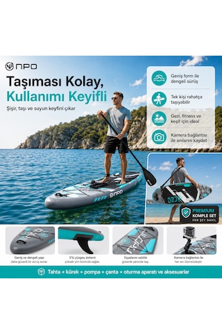 Npo Aqua Gray 350x84x15cm Şişme Military Sup Paddle Board 196kg Kürek Pompa Çanta Koltuklu Full Set