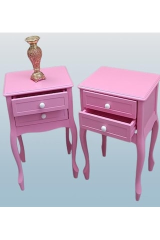 Komodin 2adet 90358 Klasik Kayın Aslan Ayak Parlak Pembe Lake Çift Çekmece Elyapım