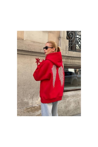 Zdnjeans Kadın Taşlı Kanat Baskılı Oversize Kapüşonlu Sweatshirt Kırmızı