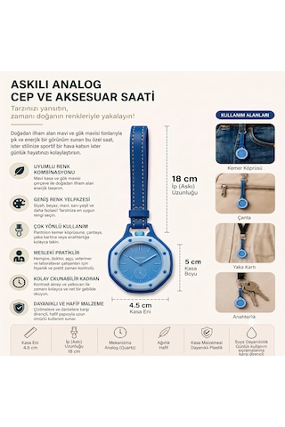 Piyatech Renkli Detaylı Askılı Cep Saati Hemşire Saati Çanta Ve Pantolon Aksesuarı Anahtarlık Unisex Sekizgen Saat Mavi