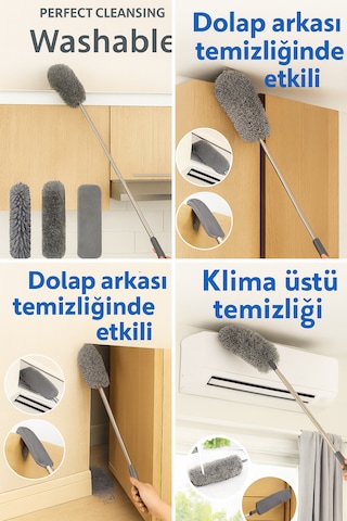 Nobera 3 Başlıklı Uzun Saplı Mikrofiber Temizlik Seti Yüksek Ve Dar Alanlar Için Ideal