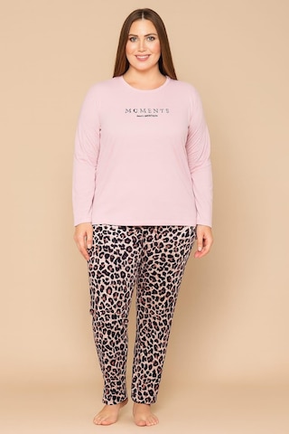 Pemilo Kadın 20751 Büyük Beden Uzun Kol % 100 Pamuk Milan Pijama Takımı Pudra Pudra