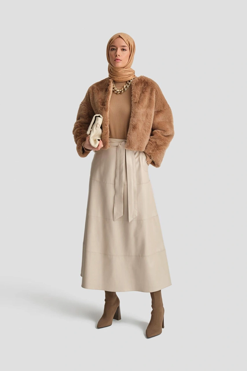 Armine Bağlamalı Deri Etek 25k1706 Bej Bej