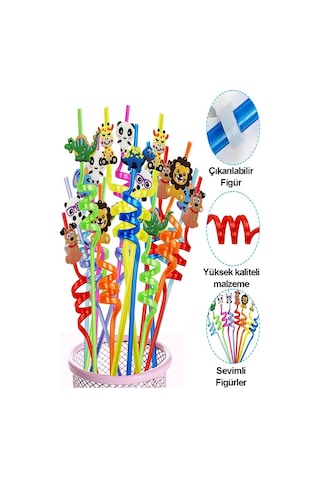 Figürlü Pipet 12 Adet Sevimli Renkli Kıvrımlı Pipet 26 Cm Ev Dekoratif Kokteyl Yıkanabilir Emoji Çocuklar İçin