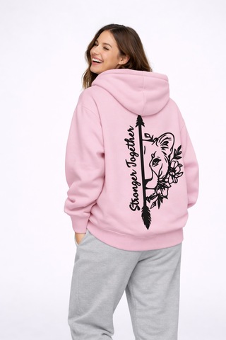 Nevermınd Stronger Together Yazılı Aslan Kaplan Baskılı Beyaz Sevgili Kombini Oversize Hoodie Pembe Pembe