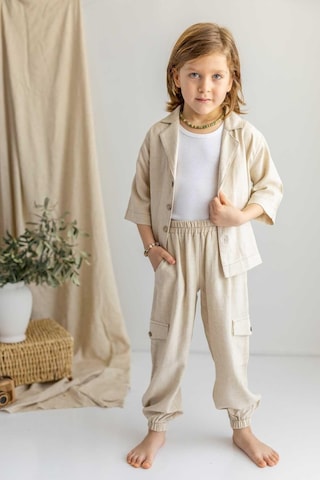 Oliven The Kid Oliventhekid Bej Keten Beli Ve Paçaları Lastikli Düğmeli Cep Detaylı Erkek Çocuk Pantolon Bej Bej