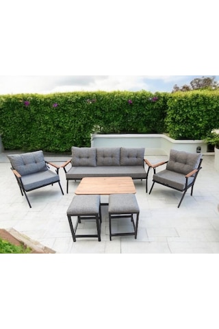 Pilocca Bahçe Ve Balkon Mobilyası Gri 3+1+1 Sehpalı Gri 2 Puflu Gri