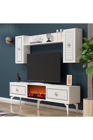 Nil Şömineli Tv Ünitesi Beyaz-gümüş