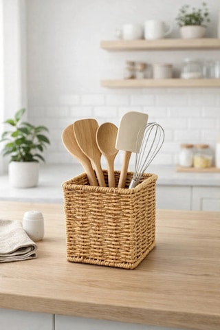 Hasır Rattan Kaşıklık Organizer Masa Tezgah Üstü Kare 11cm Açık Kahverengi