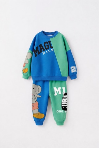 Çocuk Magu Ve Milo Baskılı Mavi Yeşil Sweatshirt Ve Eşofman Altı Takımı Çok Renkli