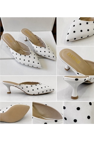 Dabab Shoes Sevılla Puantiye Desenli Beyaz Saten Sivri Burunlu 5 Cm İnce Topuklu Mule Terlik