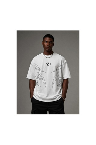 Yolo Street Oversize Siyah Beyaz Erkek Tişört Beyaz Tribal Baskılı %100 Pamuk Modern Streetwear Beyaz