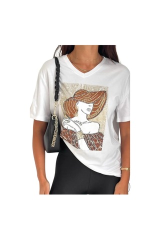 Cassime Kadın Beyaz Büyük Beden Şapkalı Kadın Pul Payet İşlemeli %100 Pamuk Tişört Xl-2xl-3xl