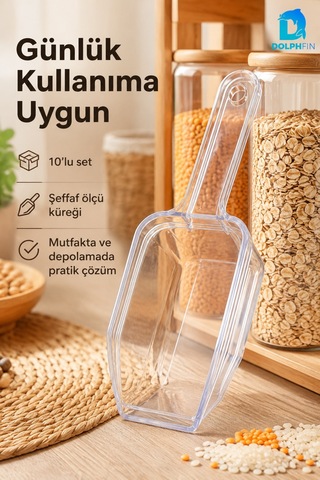 Şeffaf Ölçek Küreği 10 Lu Set Uzun Saplı Erzak Ve Kuru Gıda Aktarma Küreği