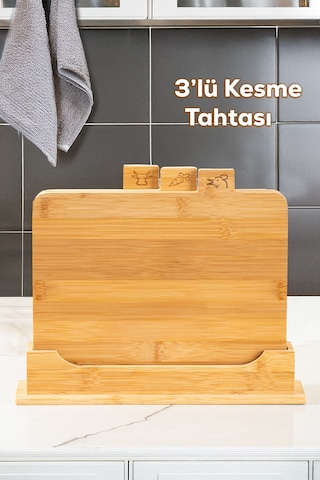 Porsima 16668 Piero Bambu 3'lü Standlı Kesme Tahtası Kesim Panosu