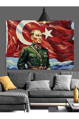 Atatürk Bayrak Portre Dekoratif Kanvas - Mdf Ahşap Tablo