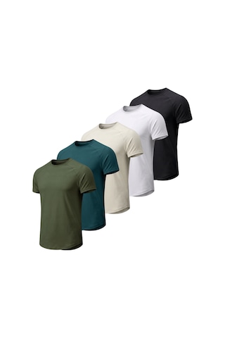 Genius Store 5'li Paket Erkek Spor Tişört Pamuklu Esnek Günlük Kullanıma Uygun Premium Rahat Kalıpt-shirt Haki-nefti-taş-beyaz-siyah