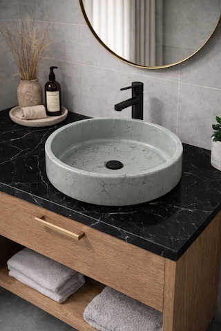 Mermer Desenli Tezgah Üstü Yuvarlak Çanak Taş Lavabo 45 Cm Gri