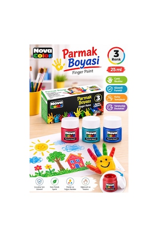 Parmak Boya 3 Renk 1 Adet Nova Color 25 Ml 3 Lü Parmak Boyası Resim Dersi Su Bazlı Resim Okul Öncesi Kreş Anasınıfı Çok Renkli