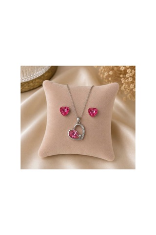 Kalp Figürlü Pembe Taşlı Kolye Ve Küpe Takımı Gümüş - 889883308 Gümüş