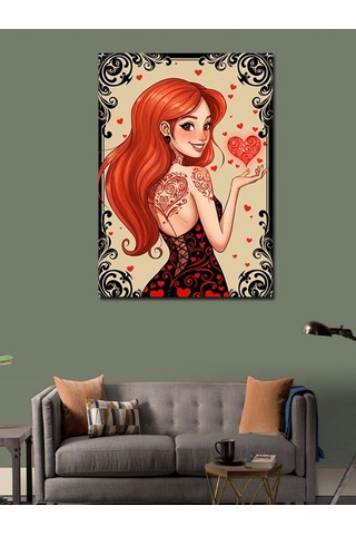 Kanvas Tablo Kırmızı Saçlı Ve Kalpli Kadın 50cmx70cm